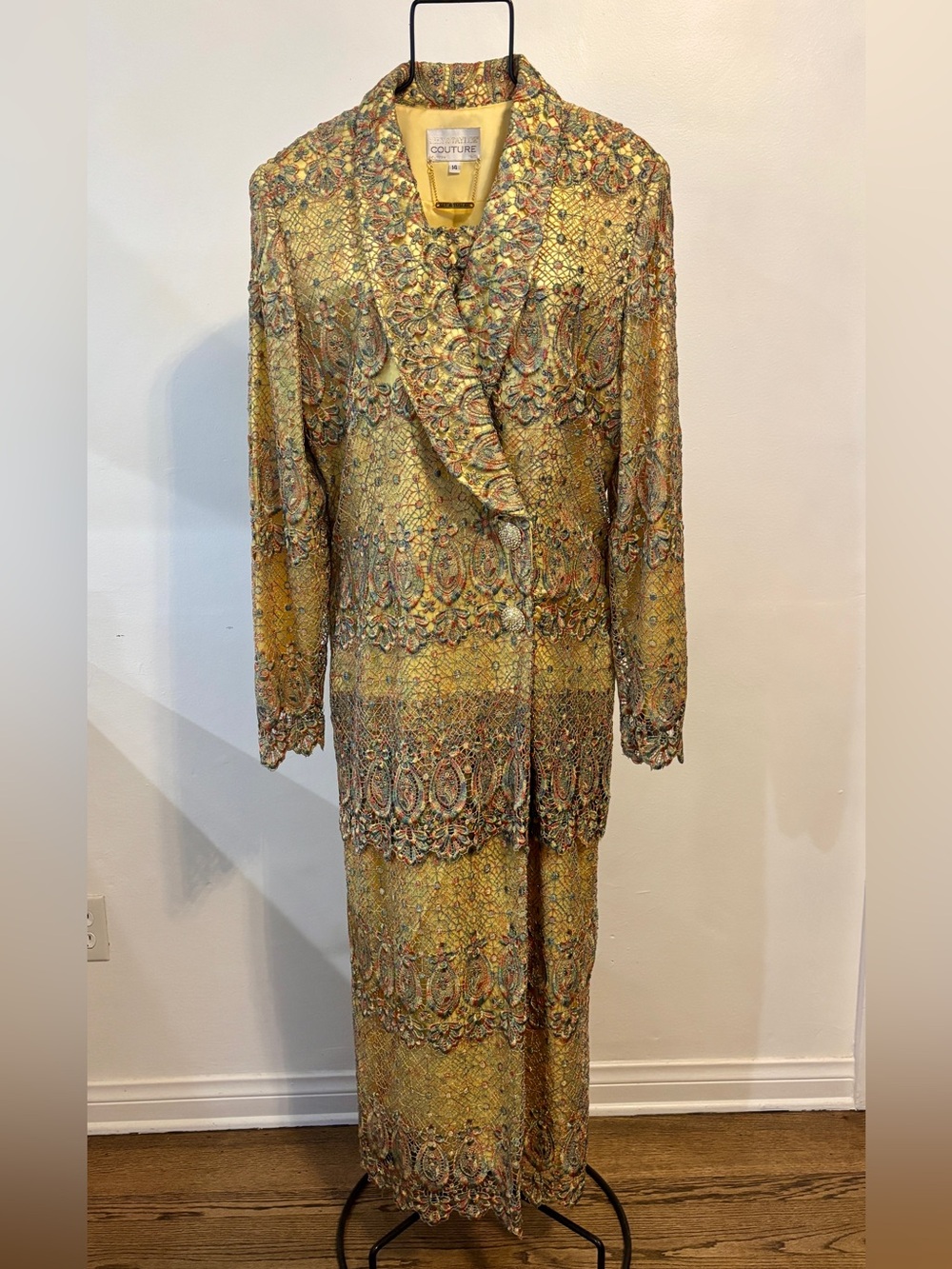 Lily & Taylor Couture Yellow Paisley Lace Evening Length Jacket Dress